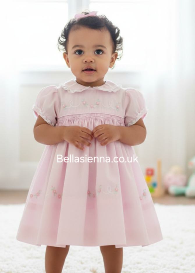 Sarah Louise Pink Smocked Dress With Lace trim Collar And Sleeves - 011452