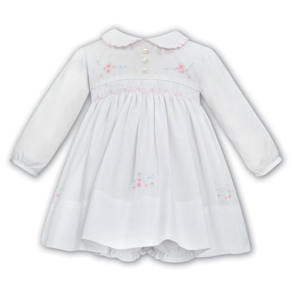 Sarah Louise White & Pink Hand Smocked Dress & Matching Frilly Pants - 012029