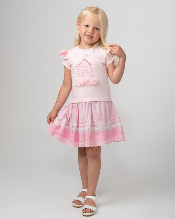 Caramelo Kids Pink Beach Hut Skirt Set with Broderie Trim - 0122124