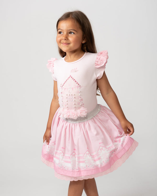 Caramelo Kids Pink Beach Hut Skirt Set with Broderie Trim - 0122124