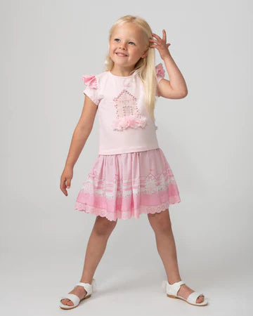 Caramelo Kids Pink Beach Hut Skirt Set with Broderie Trim - 0122124