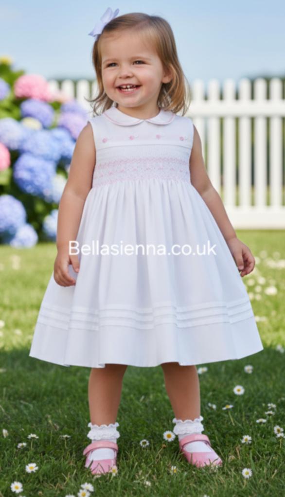 Sarah Louise White & Pink Hand Smocked Summer Dress - 012266
