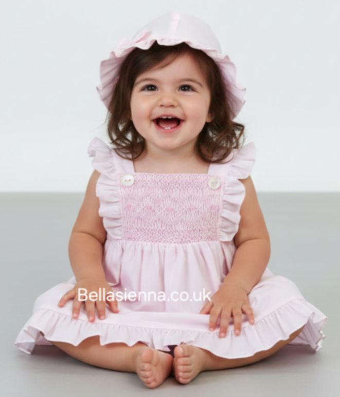 Sarah Louise Baby Girl Pink Hand Smocked Sun Dress  And Matching Sun Hat 012288