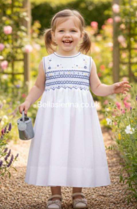 Sarah Louise White, Blue, Navy & Yellow Smocked Dress - 012298