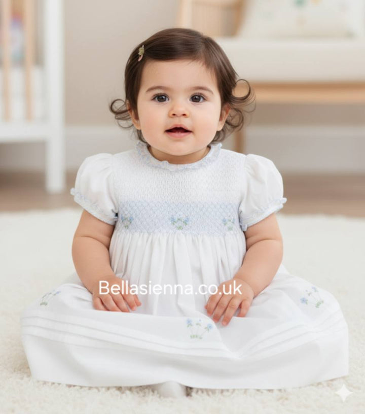 Sarah Louise White & Blue Smocked Dress - 012608
