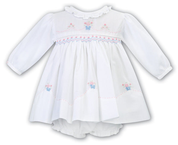 Sarah Louise Long Sleeved White, Blue & Pink Hand Smocked Dress With Matching Frilly Knickers  - 012760