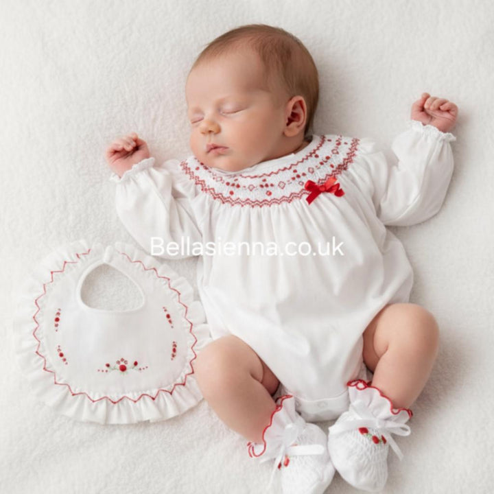 Sarah Louise White & Red Smocked, Long Sleeved Bubble Romper - 012765L C6004