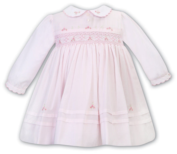 Sarah Louise Long Sleeved Pink & White Hand Smocked Dress With Collar- 012773