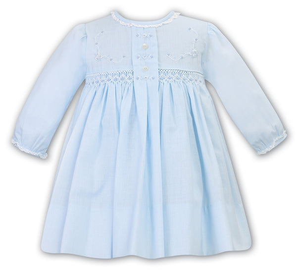 Sarah Louise Long Sleeved Blue & White Hand Smocked Dress - 012775