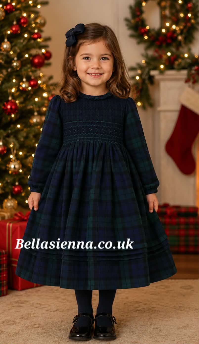 Sarah Louise *Winter Navy, Green & Black Tartan Smocked Long Sleeved D – Bella Sienna
