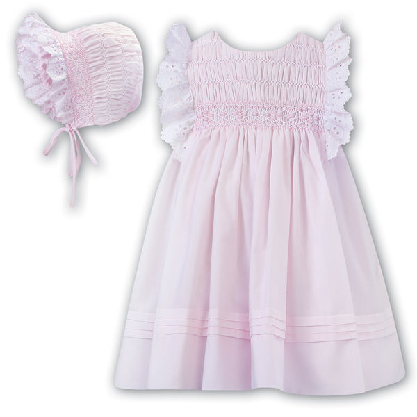 Sarah Louise Pink & White Hand Smocked Dress & Matching Bonnet - 012900
