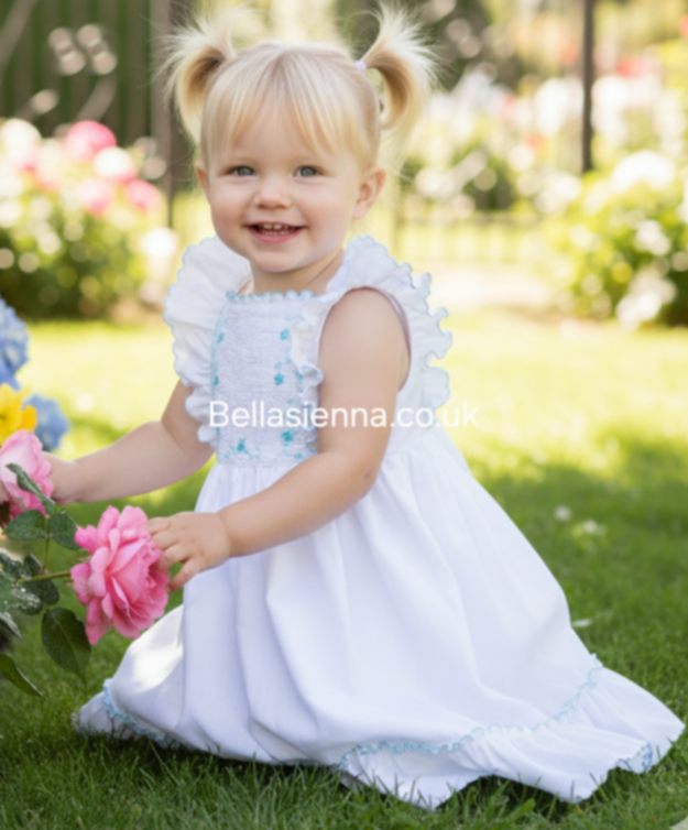 Sarah Louise White & Mint Hand Smocked Dress - 012945