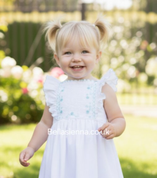 Sarah Louise White & Mint Hand Smocked Dress - 012945
