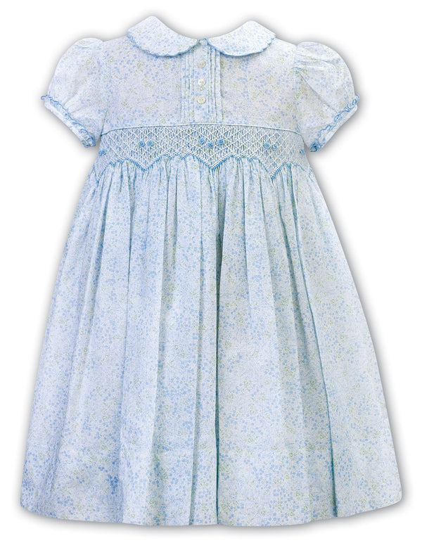 Sarah Louise Short Sleeved Blue & White Floral Hand Smocked Dress - 012966