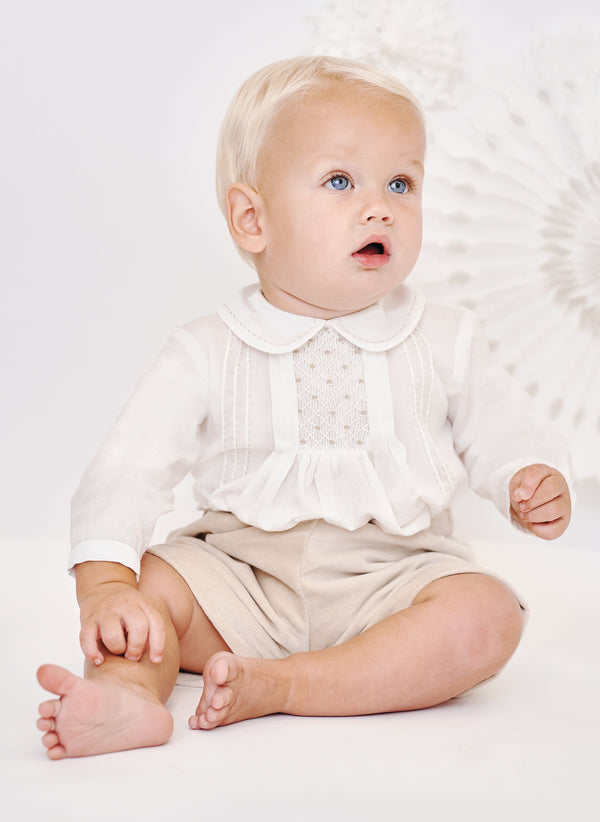 Sarah Louise Boys Ivory & Beige Velour Set With Smocking - 013004