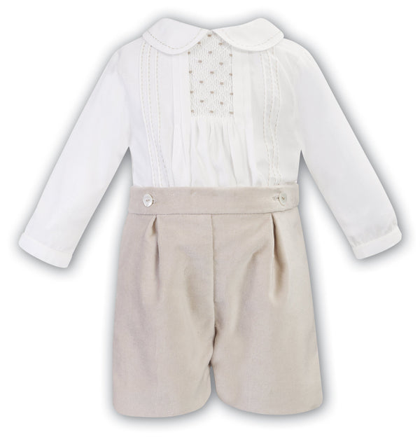 Sarah Louise Boys Ivory & Beige Velour Set With Smocking - 013004