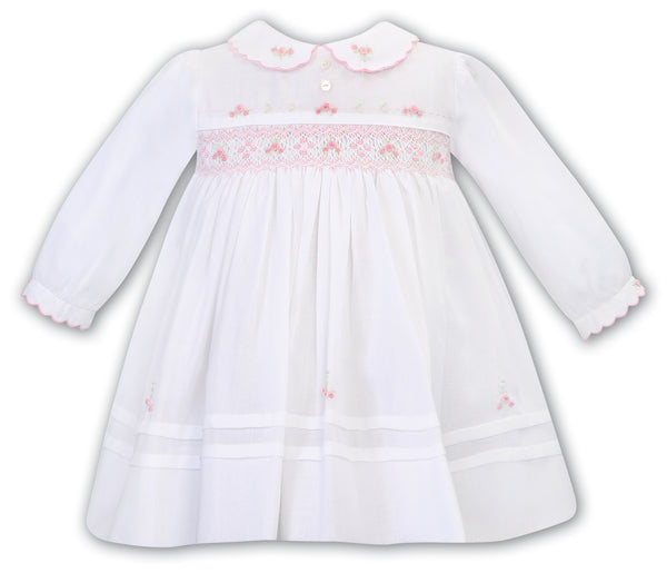 Sarah Louise AW23 White & Pink Hand Smocked Dress - 013018