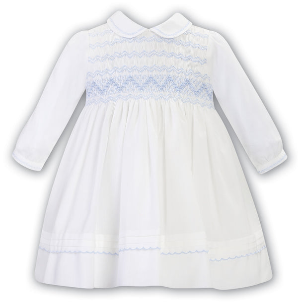 Sarah Louise Long Sleeved Ivory & Blue Hand Smocked Dress With Collar - 013032