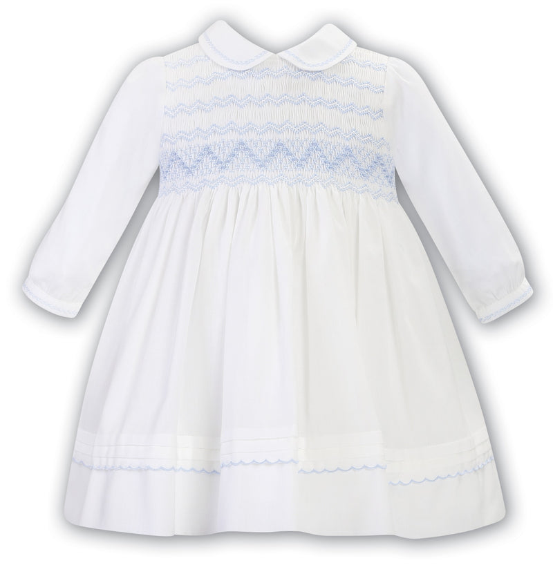 Sarah Louise Long Sleeved Ivory & Blue Hand Smocked Dress With Collar - 013032