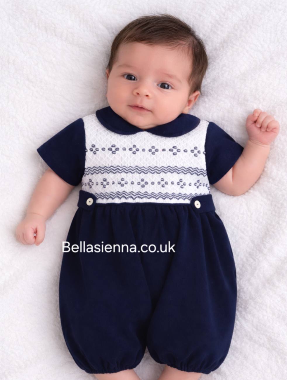 Sarah Louise Navy Velvet Hand Smocked Romper - 013042