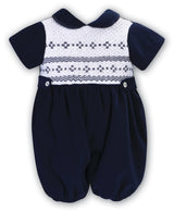 Sarah Louise Navy Velvet Hand Smocked Romper - 013042