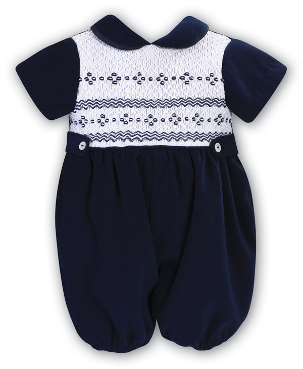 Sarah Louise Navy Velvet Hand Smocked Romper - 013042
