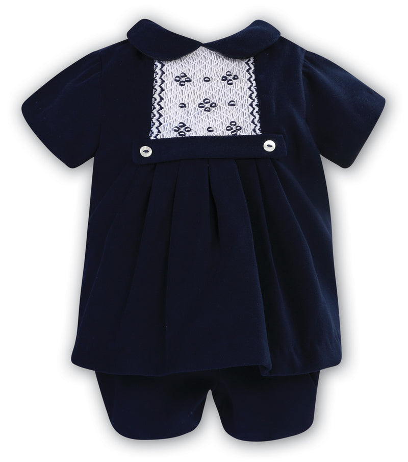 Sarah Louise Navy Velvet Hand Smocked Two Piece Set - 013043