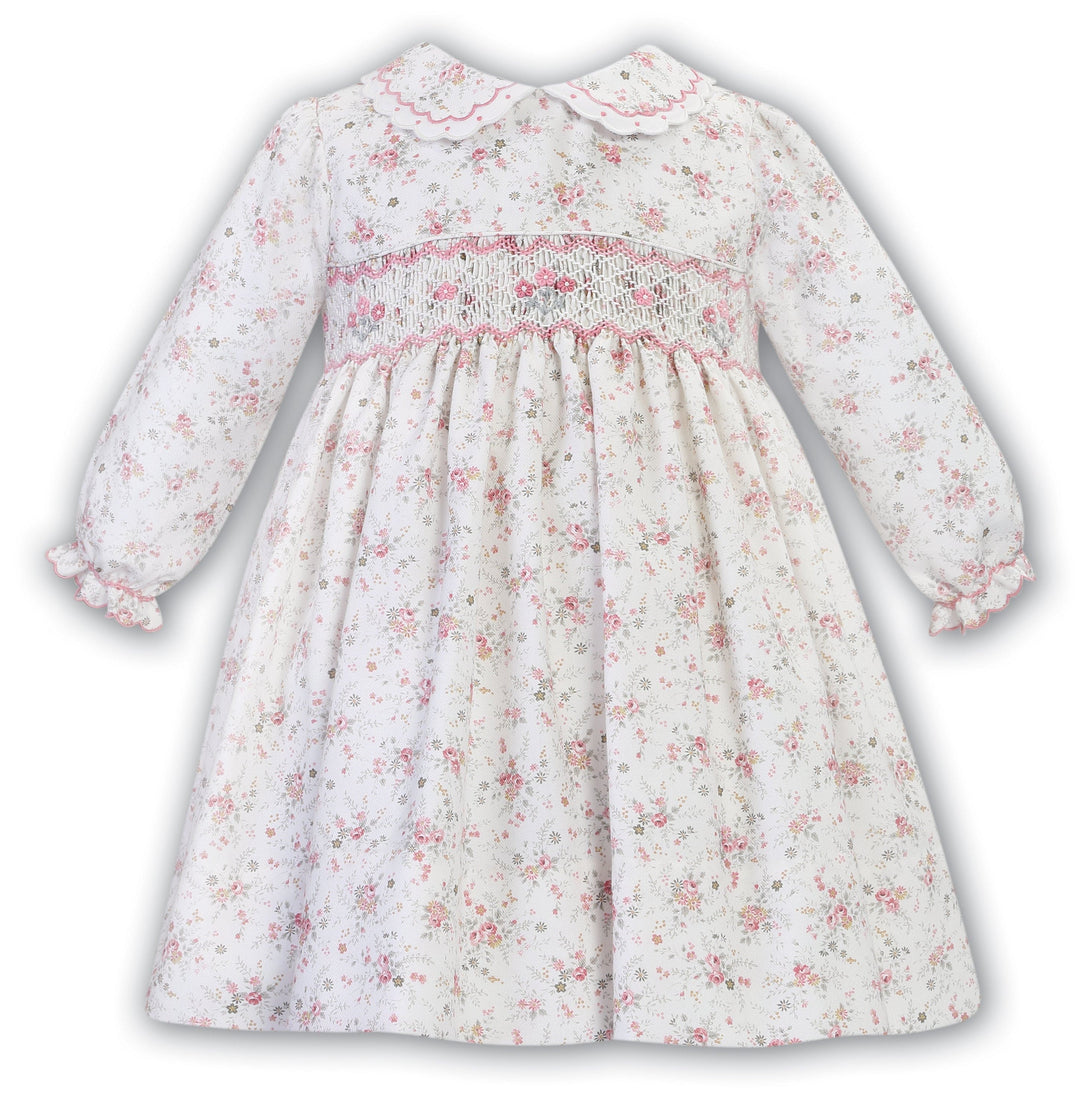 Sarah Louise Ivory & Pink Floral Hand Smocked Dress  013063