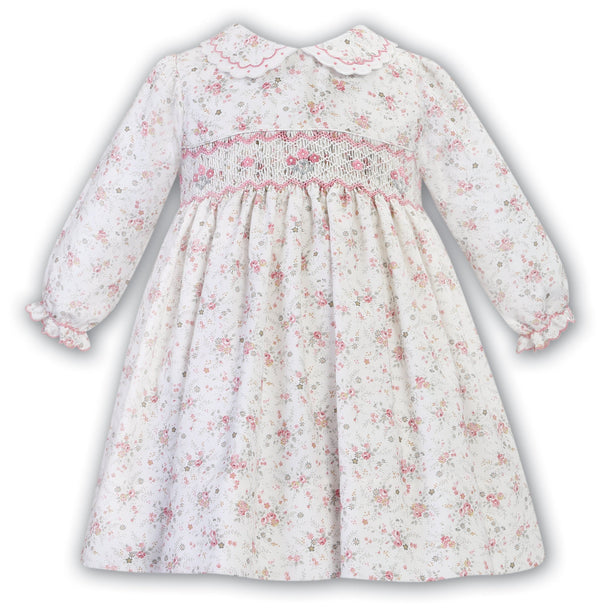 Sarah Louise Ivory & Pink Floral Hand Smocked Dress  013062