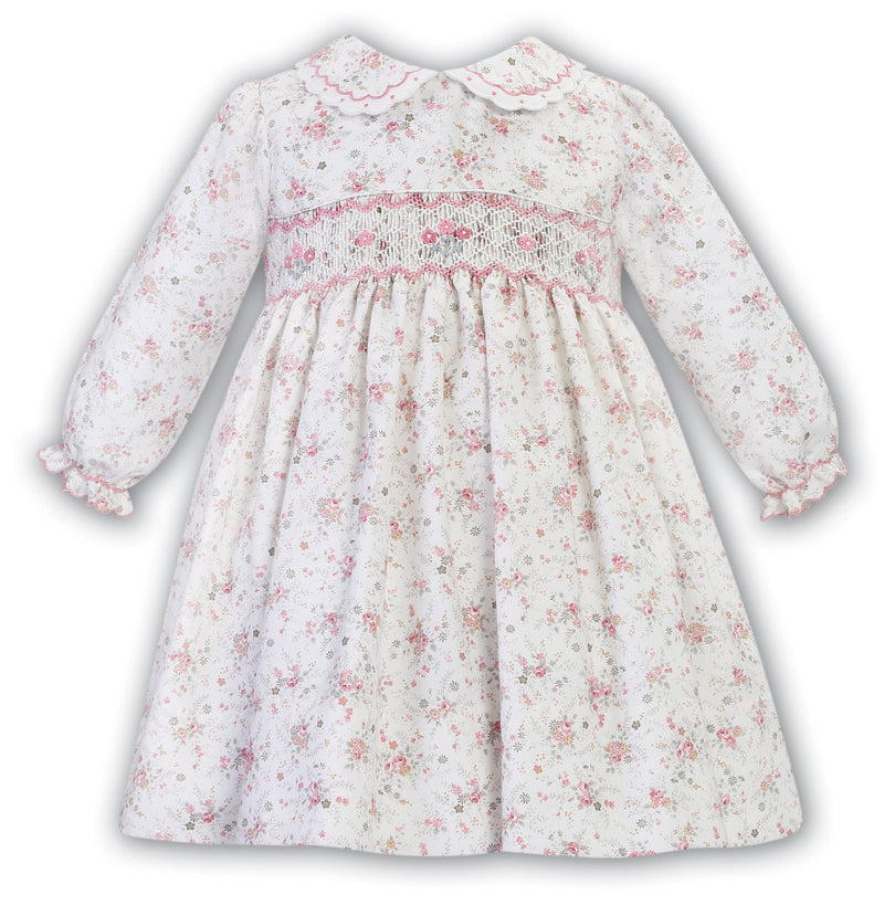 Sarah Louise Ivory & Pink Floral Hand Smocked Dress  013063