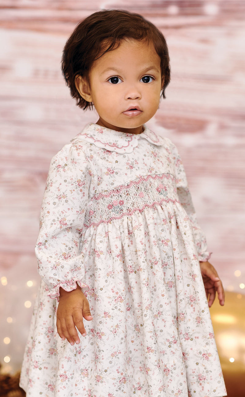 Sarah Louise Ivory & Pink Floral Hand Smocked Dress  013062