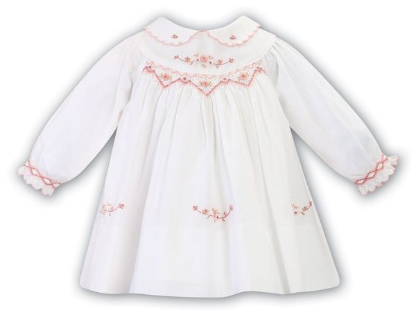 Sarah Louise Long Sleeved Ivory & Peach Hand Smocked Dress With Collar - 013080