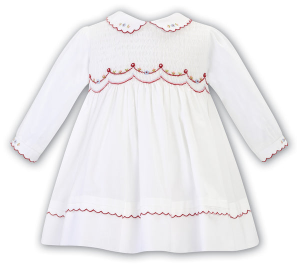 Sarah Louise Long Sleeved Ivory & Burgundy Hand Smocked Dress With Collar - 013099