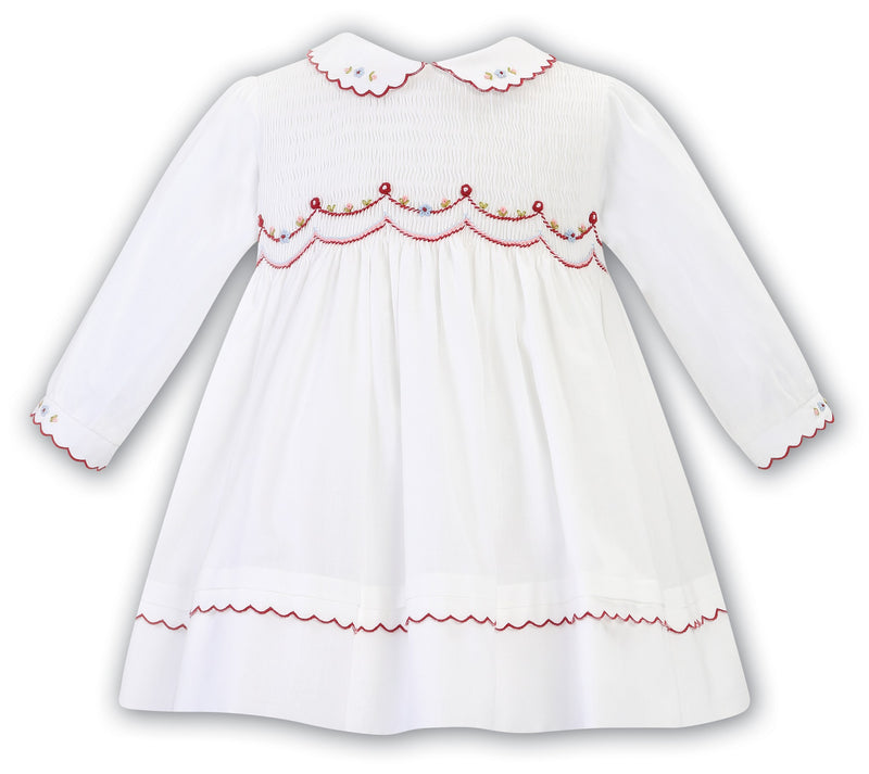 Sarah Louise Long Sleeved Ivory & Burgundy Hand Smocked Dress With Collar - 013099