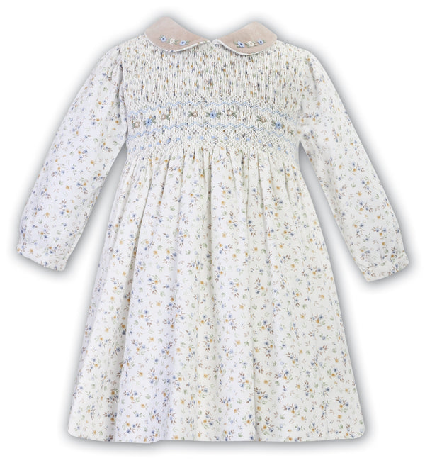 Sarah Louise Ivory, Beige & Blue Floral Hand Smocked Dress - 013110