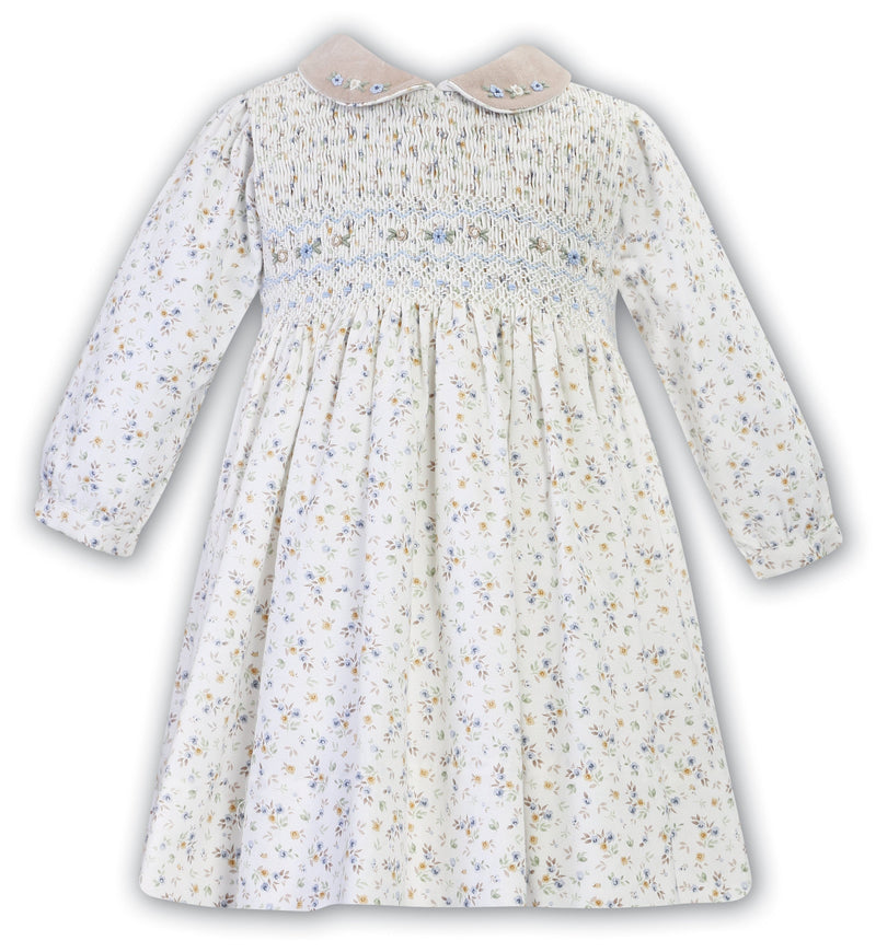 Sarah Louise Ivory, Beige & Blue Floral Hand Smocked Dress - 013110