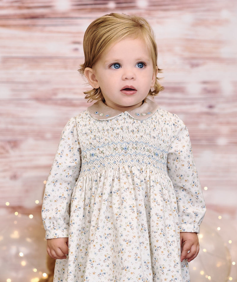 Sarah Louise Ivory, Beige & Blue Floral Hand Smocked Dress - 013110