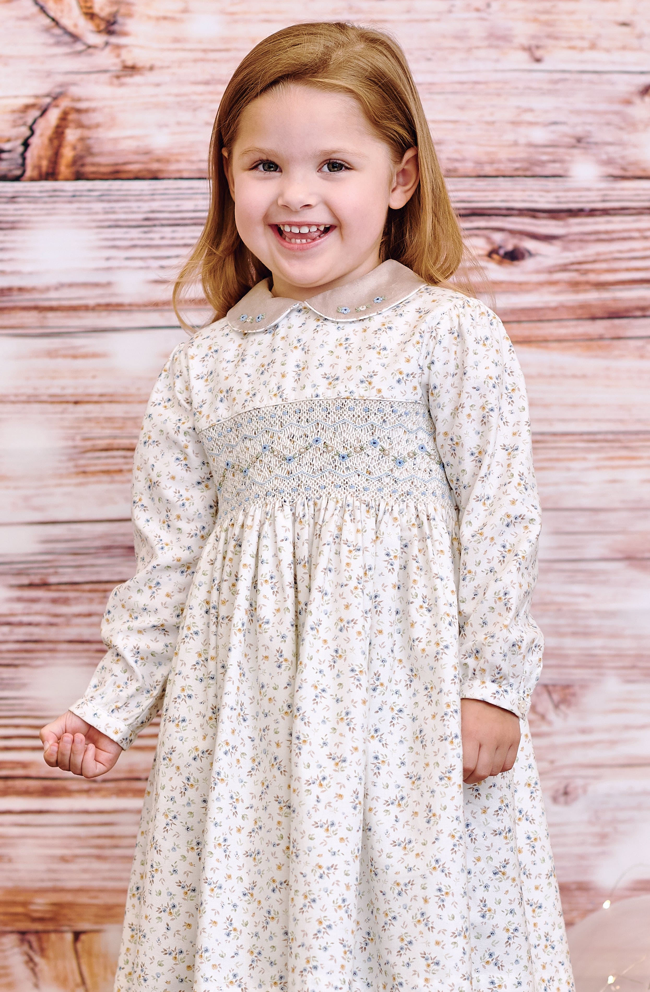 Sarah Louise Ivory & Beige Floral Print Hand Smocked Dress