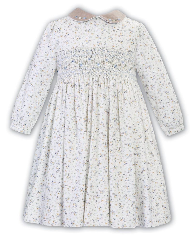 Sarah Louise Ivory & Beige Floral Print Hand Smocked Dress - 013112