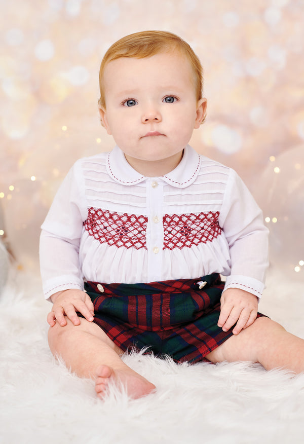 Sarah Louise Boys White, Red & Green Tartan Hand Smocked Outfit - 013132