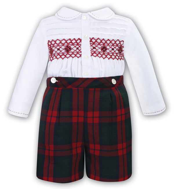 Sarah Louise Boys White, Red & Green Tartan Hand Smocked Outfit - 013132