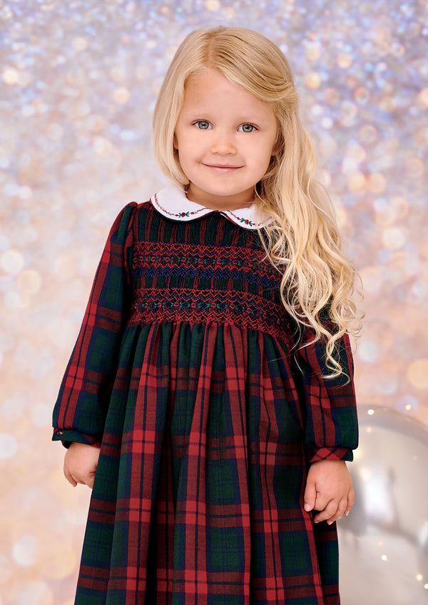 Sarah Louise Red & Green Tartan Hand Smocked Dress  - 013137