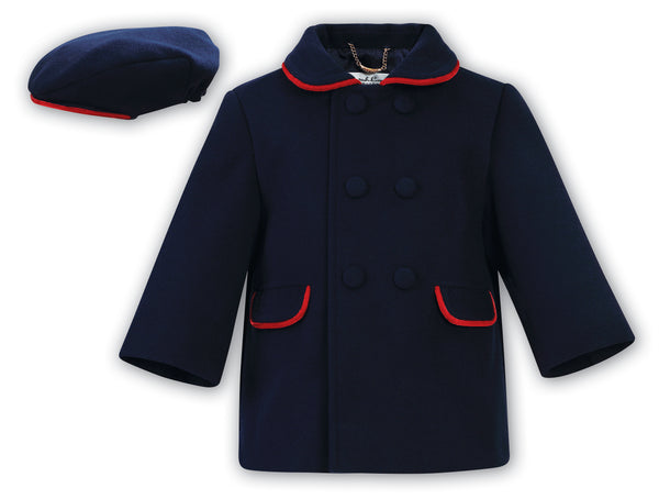 Sarah Louise Boys Traditional Style Navy Coat & Hat With Red Trim - 013160