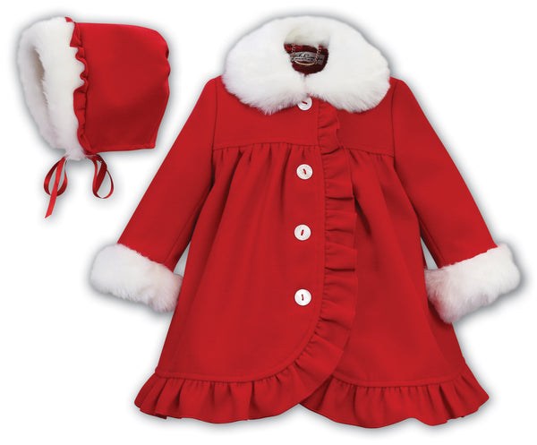Sarah Louise Red Girls Traditional Style Coat & Bonnet- 013164