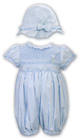 Sarah Louise Blue Hand Smocked "Bubble" Romper & Matching Hat - 013186