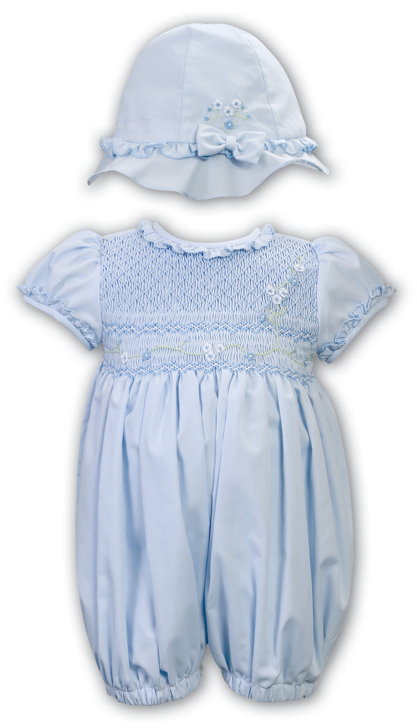 Sarah Louise Blue Hand Smocked "Bubble" Romper & Matching Hat - 013186