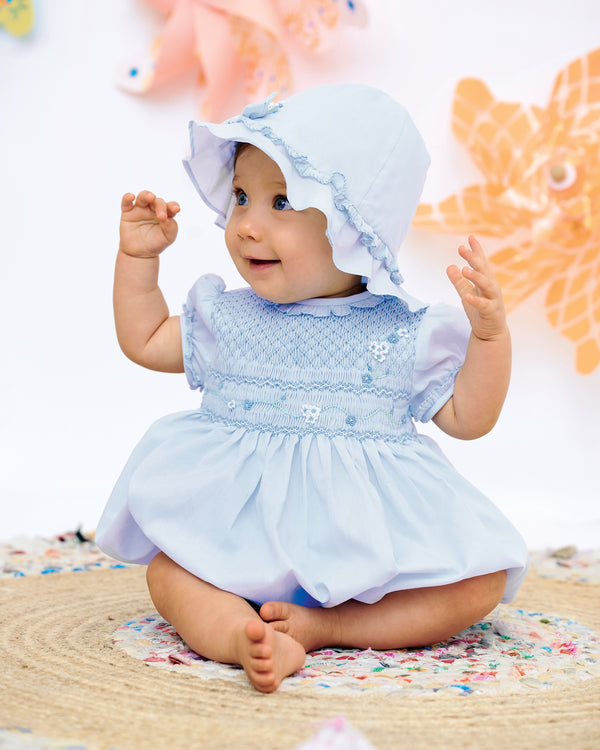 Sarah Louise Blue Hand Smocked "Bubble" Romper & Matching Hat - 013186