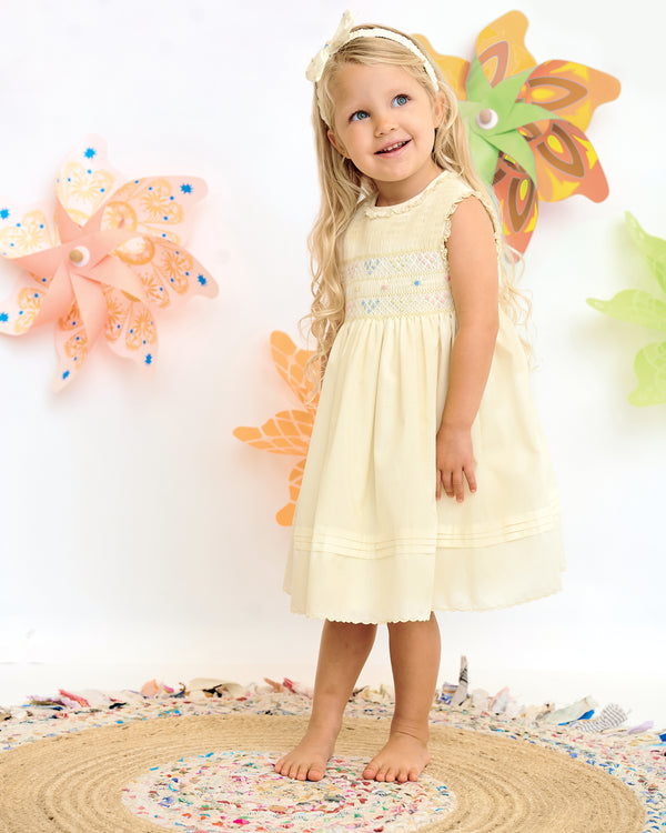 Sarah Louise Lemon Smocked Dress With Embroidery 013216