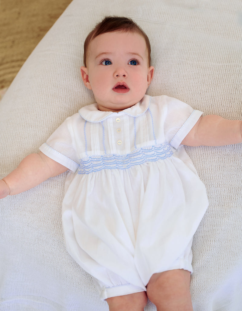 Sarah Louise White & Blue Hand Smocked Boys Romper - 013235