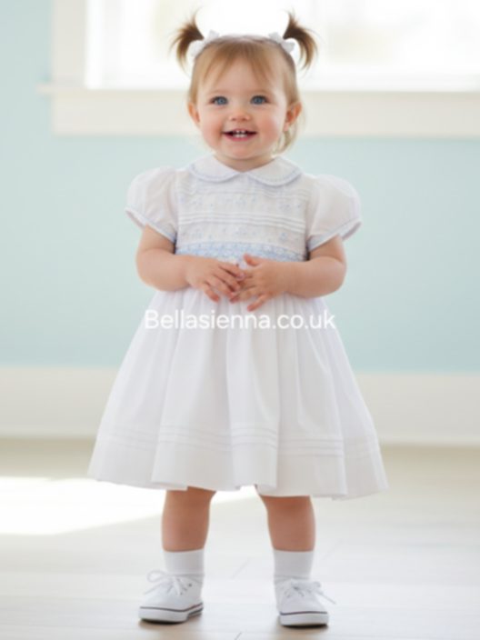 Sarah Louise White And Blue Smocked Dress With Embroidery 013239